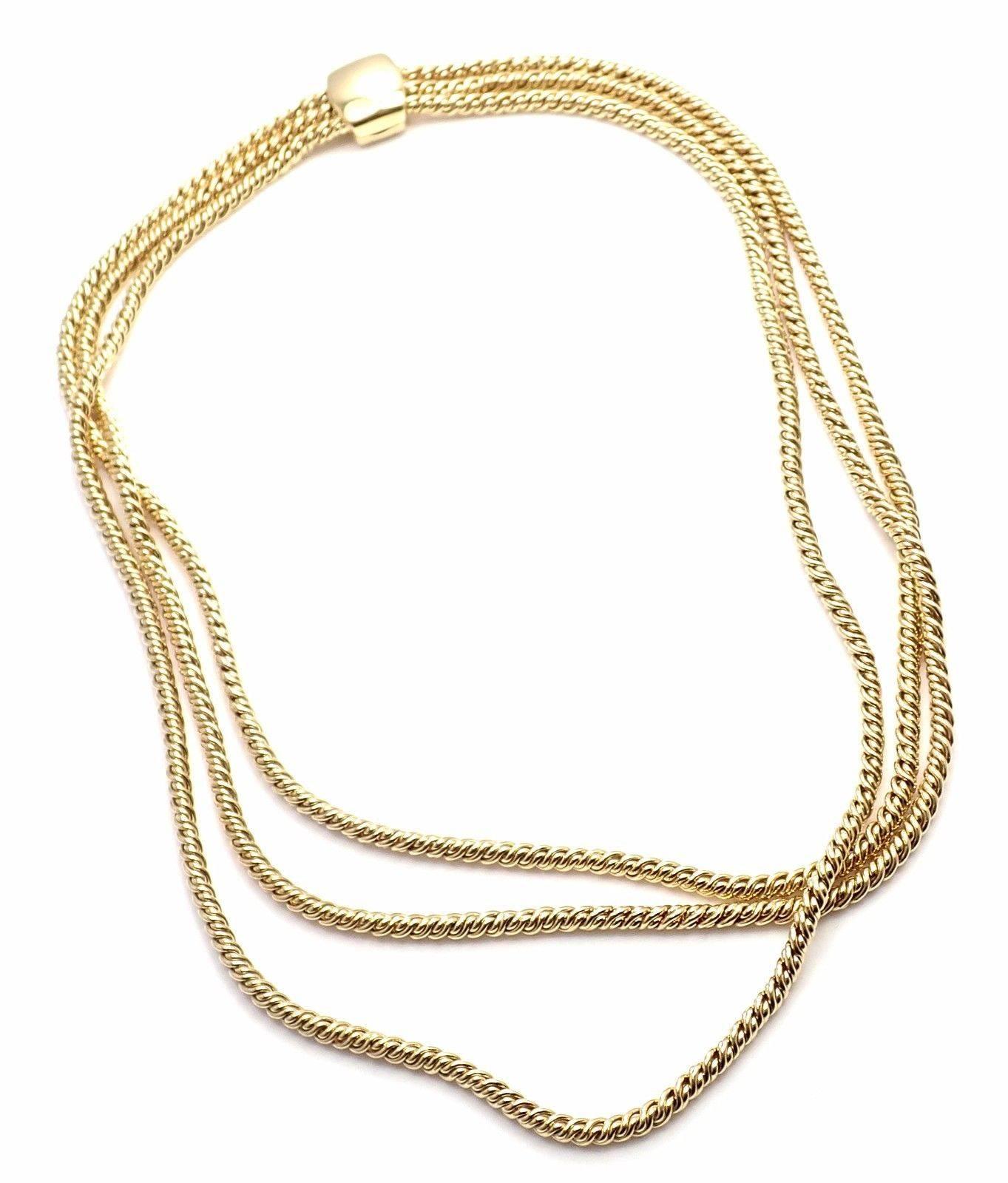 18k Yellow Gold Three Twisted Chains Necklace by Pomellato.
This necklace comes with original Pomellato box and a certificate.
Details: 
Weight: 94 grams
Length: 16