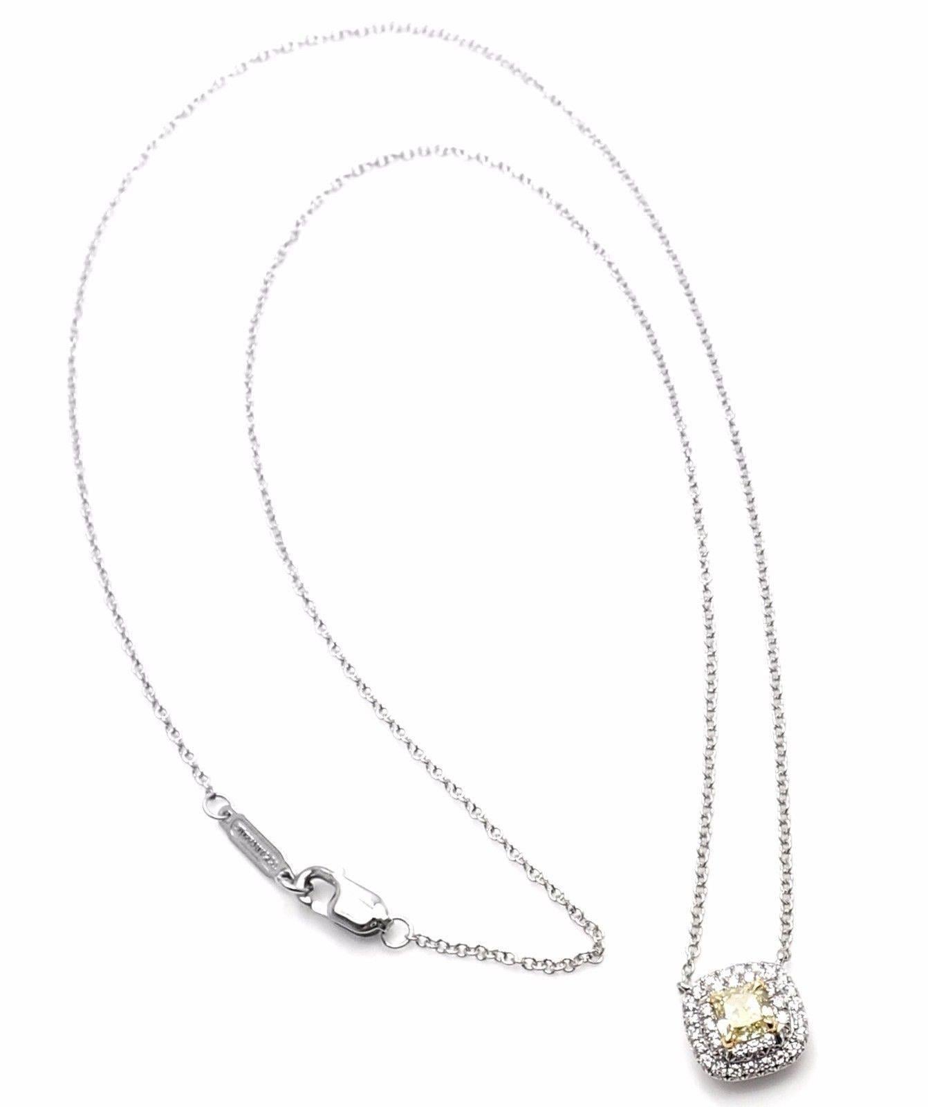 Platinum And 18k White Gold Soleste Yellow And White Diamond Pendant Necklace by Tiffany & Co. 
With 1 cushion modified brilliant cut fancy yellow diamond carat weight .34ct
round brilliant cut diamonds VS1 clarity, G color total weight approx.