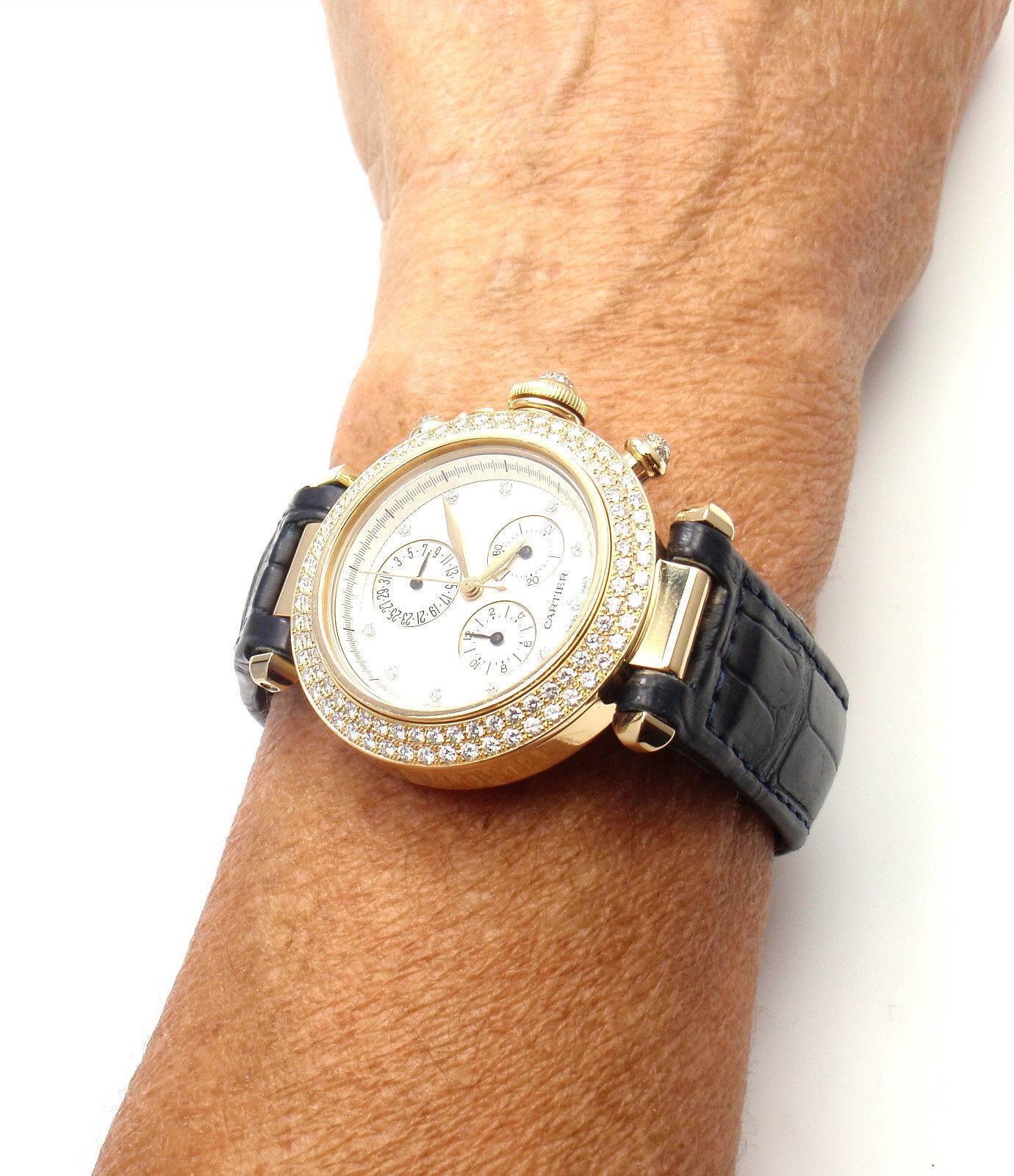 Cartier Yellow Gold Diamond Pasha Chronograph Quartz Wristwatch Ref 1354/1 6