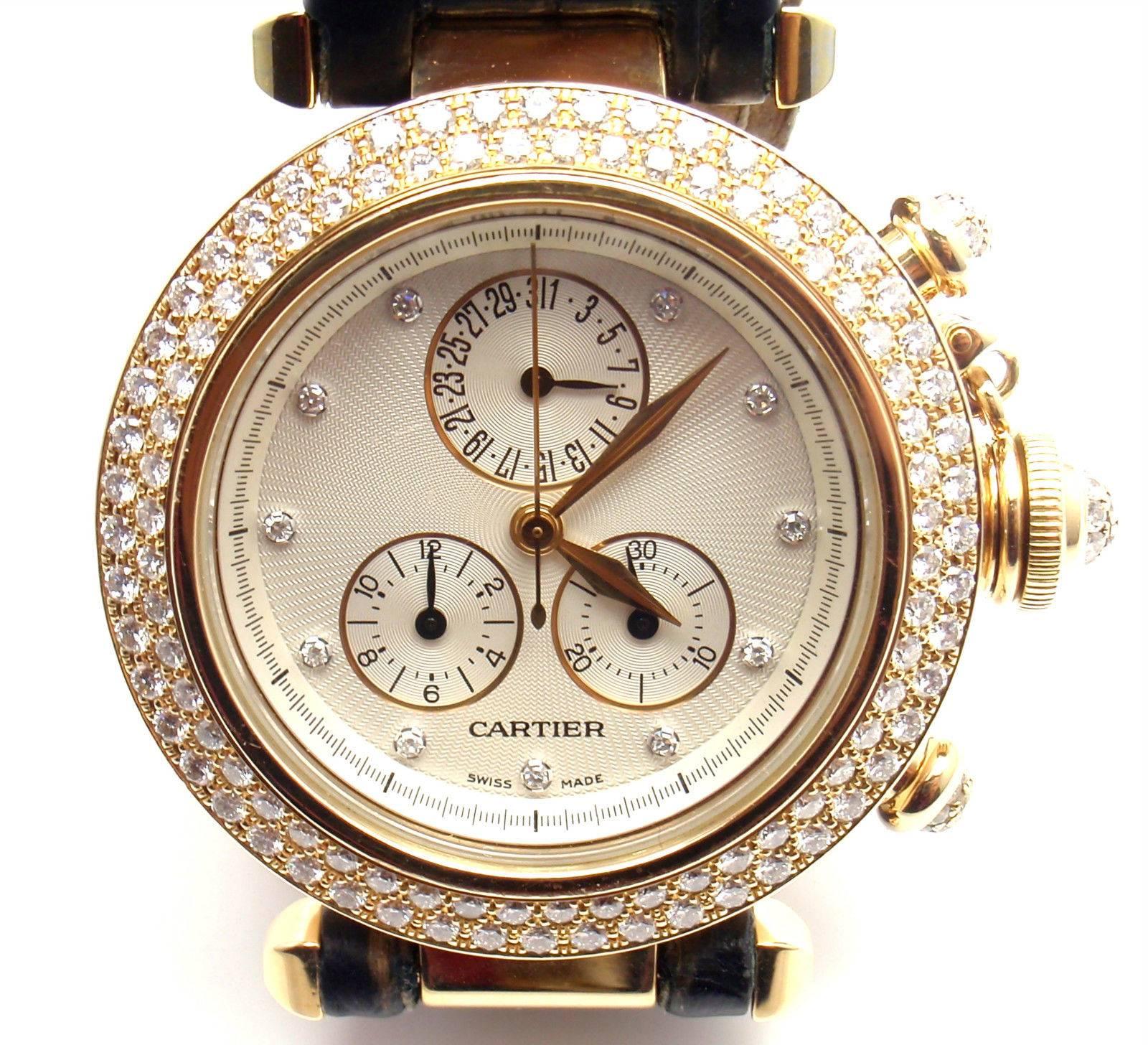18k Yellow Gold Diamond Pasha Wristwatch by Cartier. 
Brand: Cartier
Style Name: Pasha
Reference Number: 1354/1
Case Material: 18k Yellow Gold with Diamonds
Dial Color:  White dial, gold hands
Movement: Quartz
Functions: Hours, Minutes
Crystal: