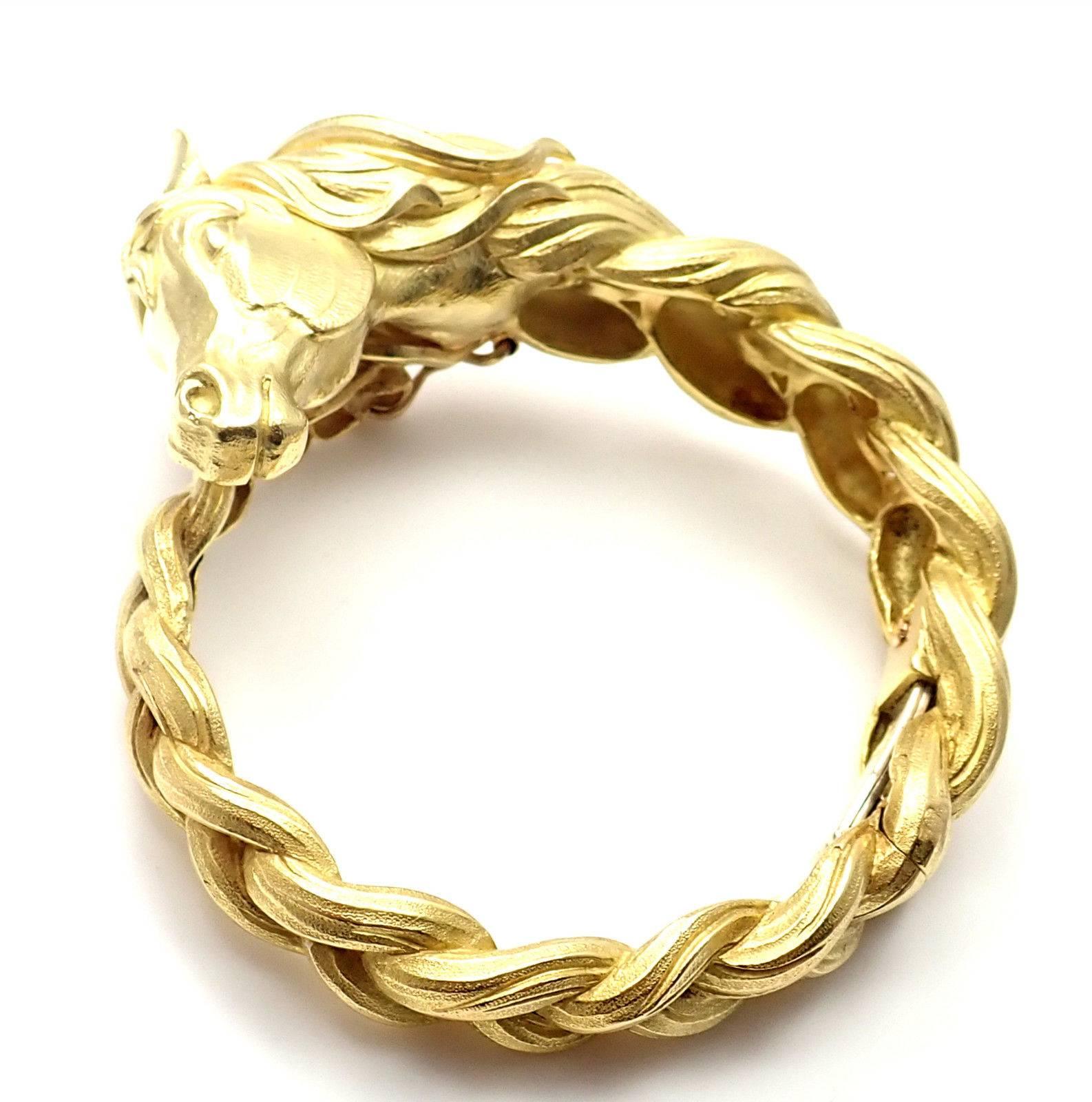 Hermes Paris Sculpted Horse Yellow Gold Bangle Bracelet 3