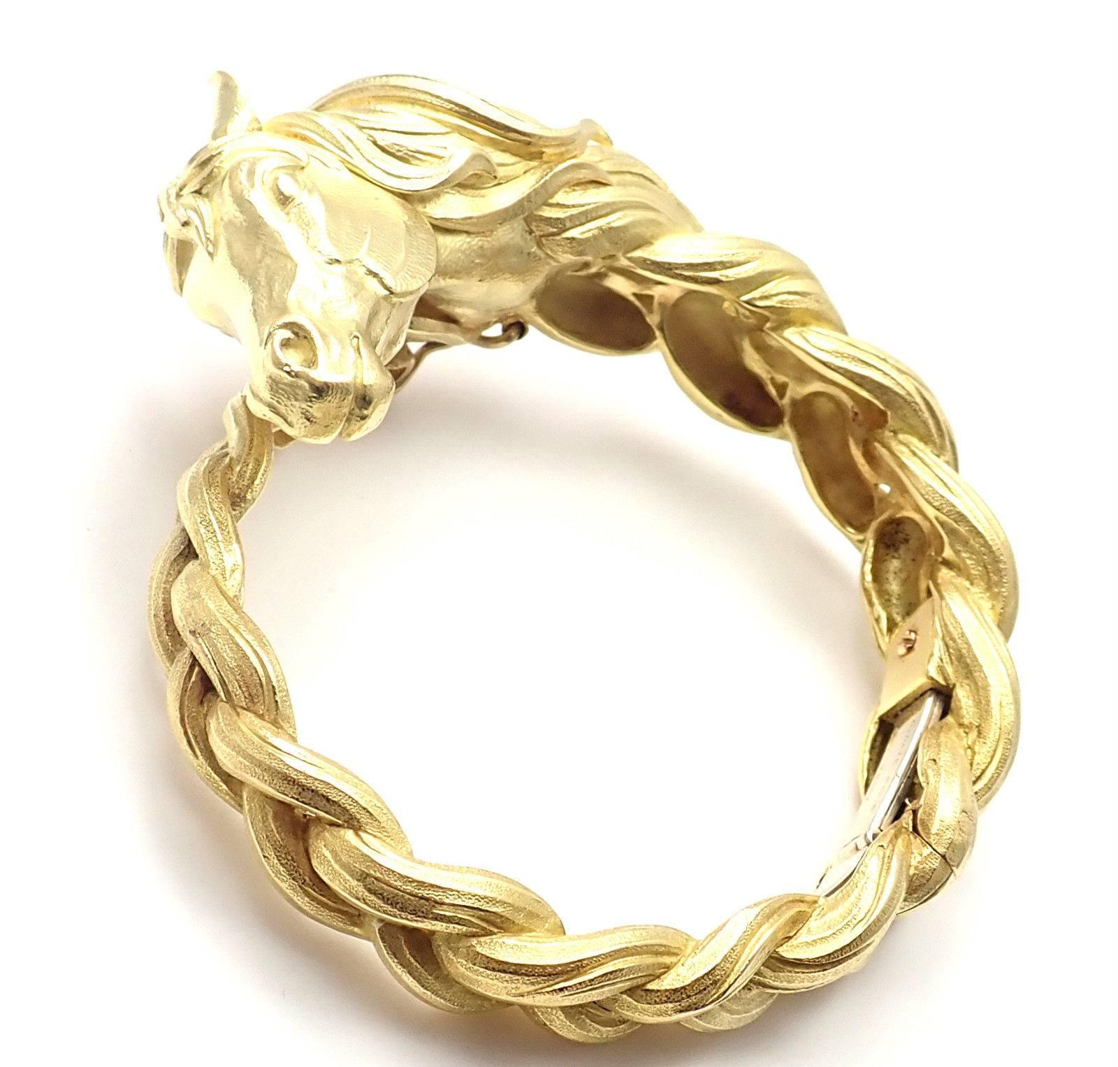 Hermes Paris Sculpted Horse Yellow Gold Bangle Bracelet 4