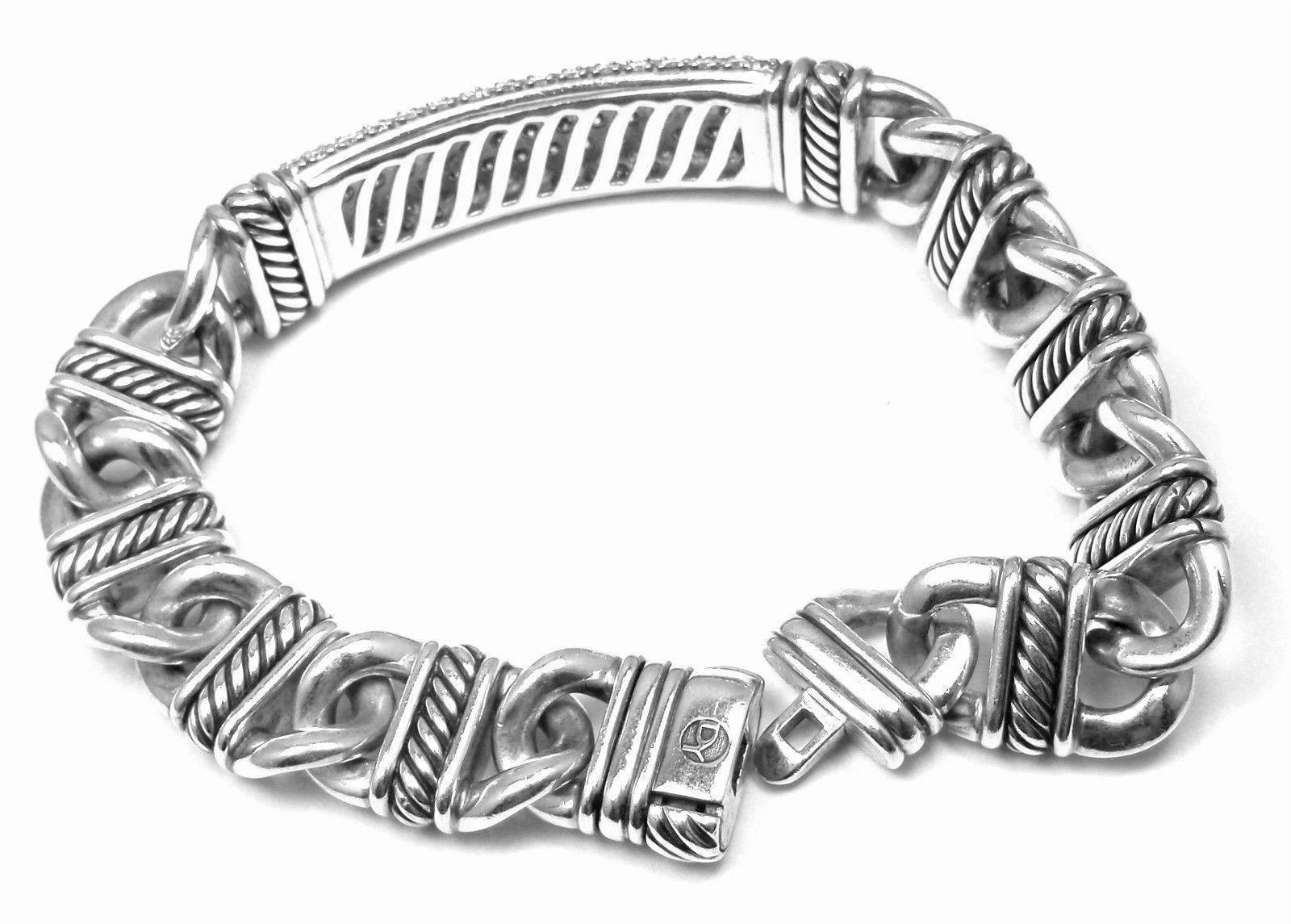 David Yurman Madison Silver Diamond Id Link Bracelet Estate of Jackie Collins In New Condition In Holland, PA