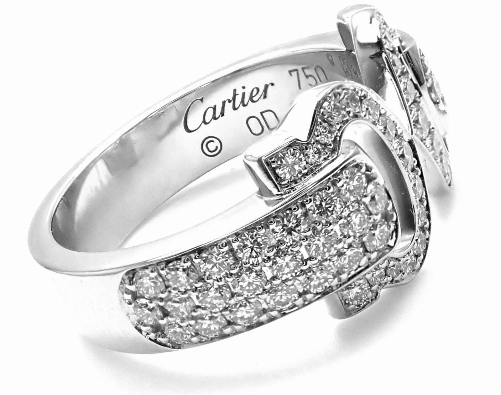 18k White Gold Diamond Double C Band Ring by Cartier. 
With Round brilliant cut diamonds VVS1 clarity, E color total weight approx. 1.20ct
This ring comes with original Cartier box and Cartier certificate.
Details: 
Ring Size: European 53, US 6