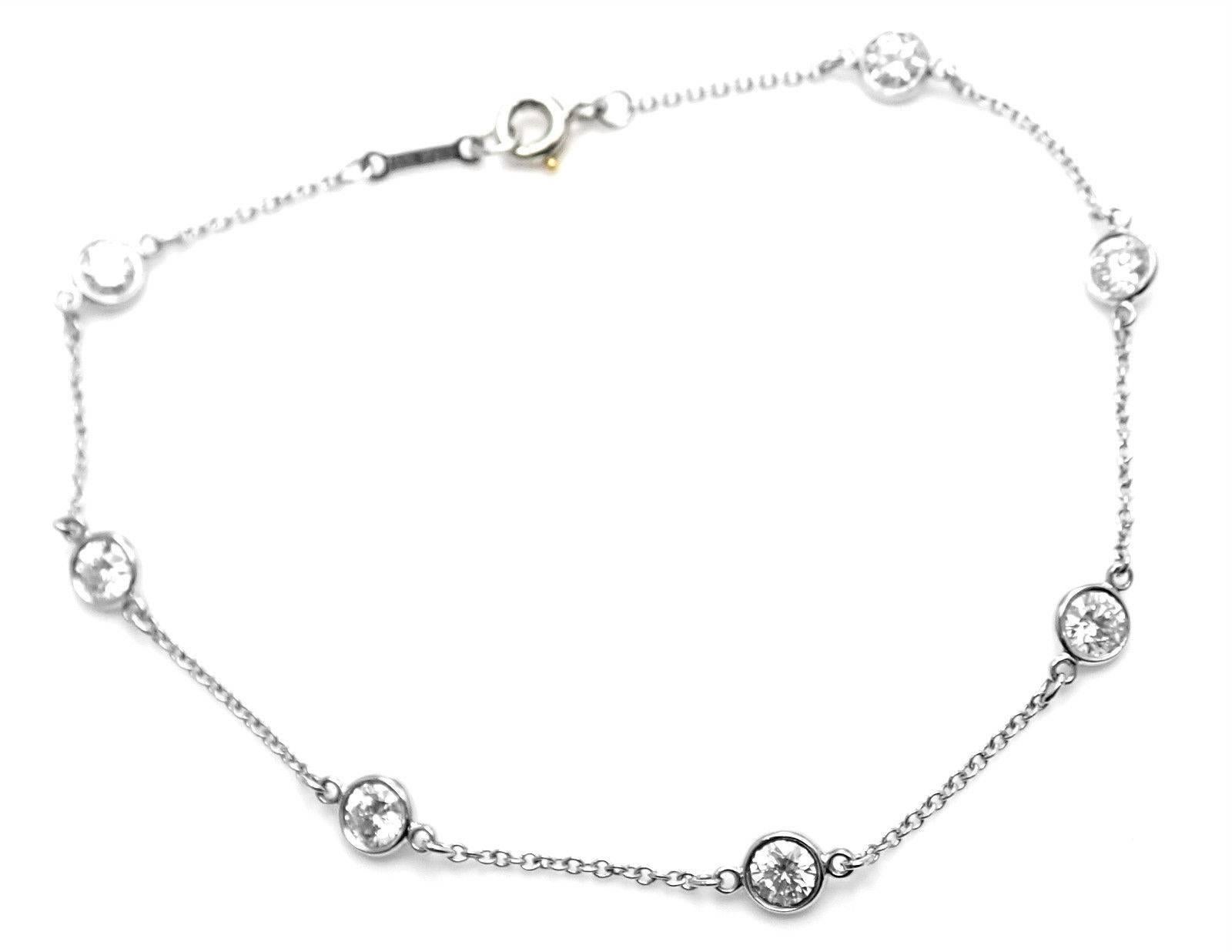 Platinum Diamond By The Yard Link Bracelet by Elsa Peretti For Tiffany & Co. 
With 7 Round brilliant cut diamonds VS1 clarity, G color total weight approx. 1.26ct
This stunning bracelet comes with an original Tiffany & Co box.
Details: 
Weight: 2.5