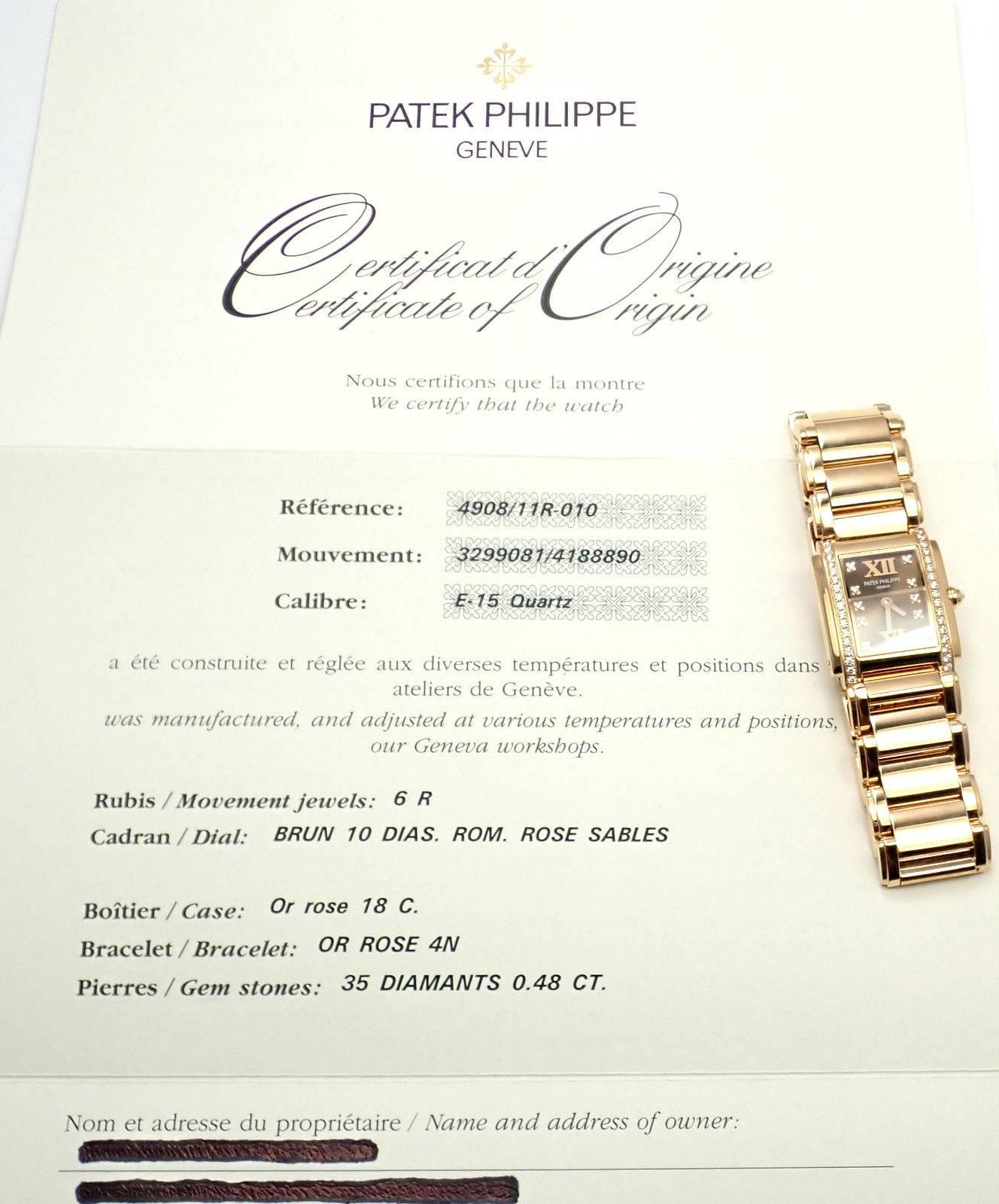 Patek Philippe Ladies 18k yellow gold and diamond Twenty 4 wristwatch, Ref. 4908/11R.  
This watch comes with Patek Philippe box and certificate.
With 35 round brilliant cut diamonds VVS1 clarity, E color
Plus 10 round brilliant cut diamonds in the