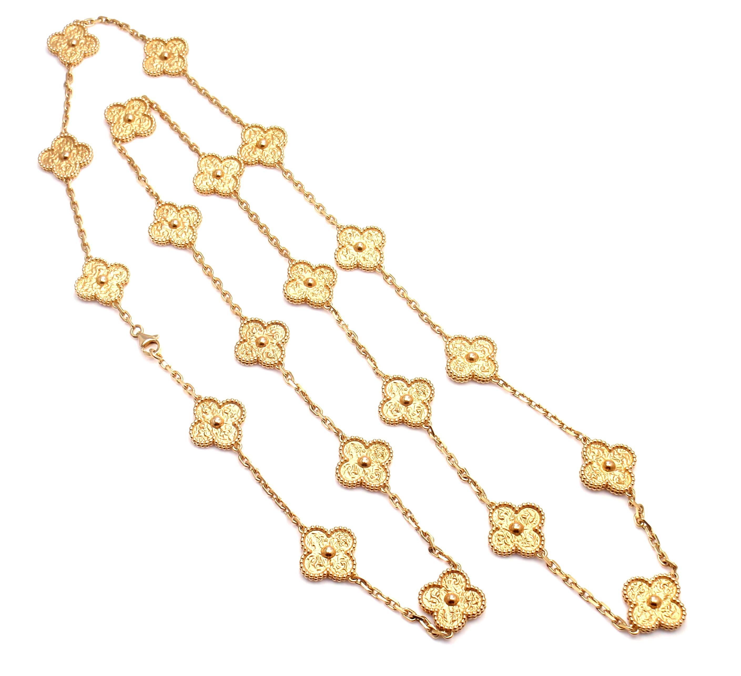 18k Yellow Gold Alhambra 20 Motif Necklace by Van Cleef & Arpels. 
With 20 motifs of 18k yellow gold alhambras 15mm each.
This necklace comes with VCA box and certificate.
Details: 
Length: 33