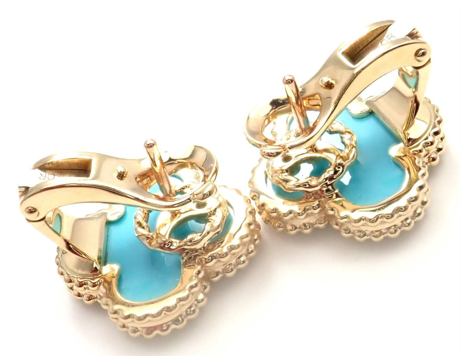 Van Cleef & Arpels Vintage Alhambra Turquoise Yellow Gold Earrings 1