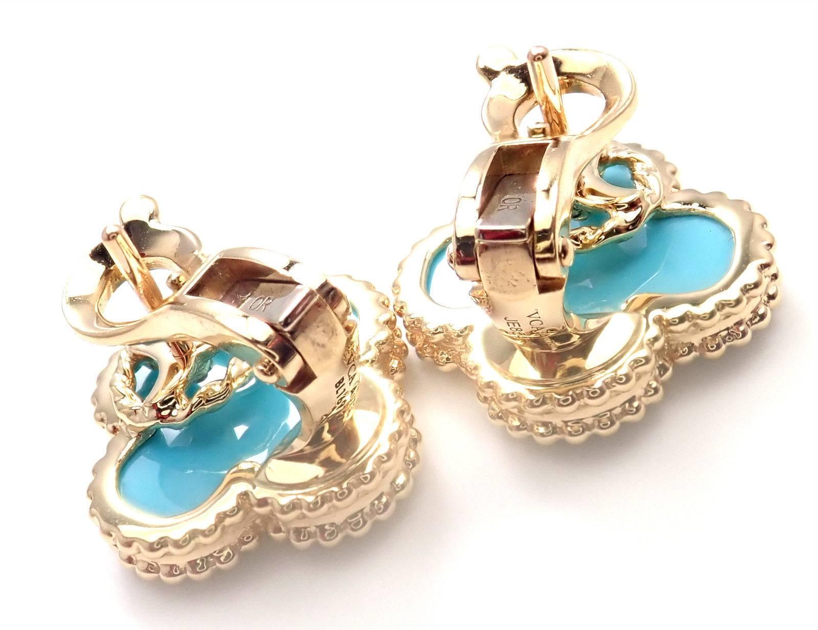 Van Cleef & Arpels Vintage Alhambra Turquoise Yellow Gold Earrings In New Condition In Holland, PA
