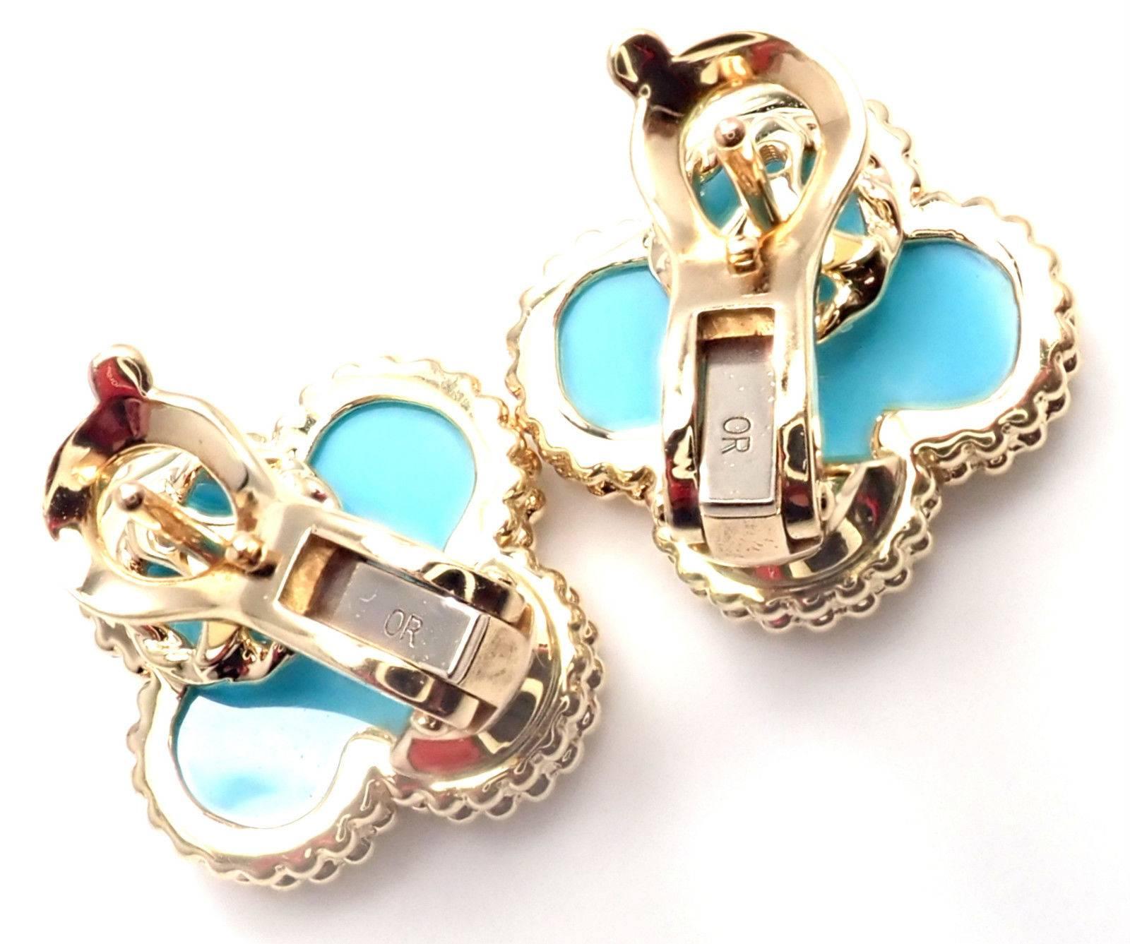 Women's or Men's Van Cleef & Arpels Vintage Alhambra Turquoise Yellow Gold Earrings