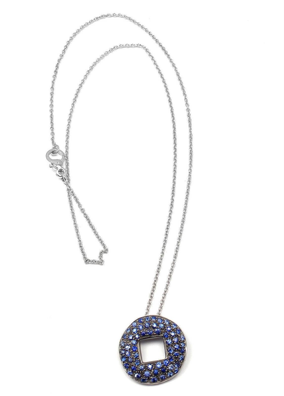 18k White Gold Sapphire Pendant Necklace by Pomellato. 
With Round brilliant cut sapphires.
This necklace comes with original box and certificate.
Details: 
Weight: 9.8 grams
Chain - Length: 16