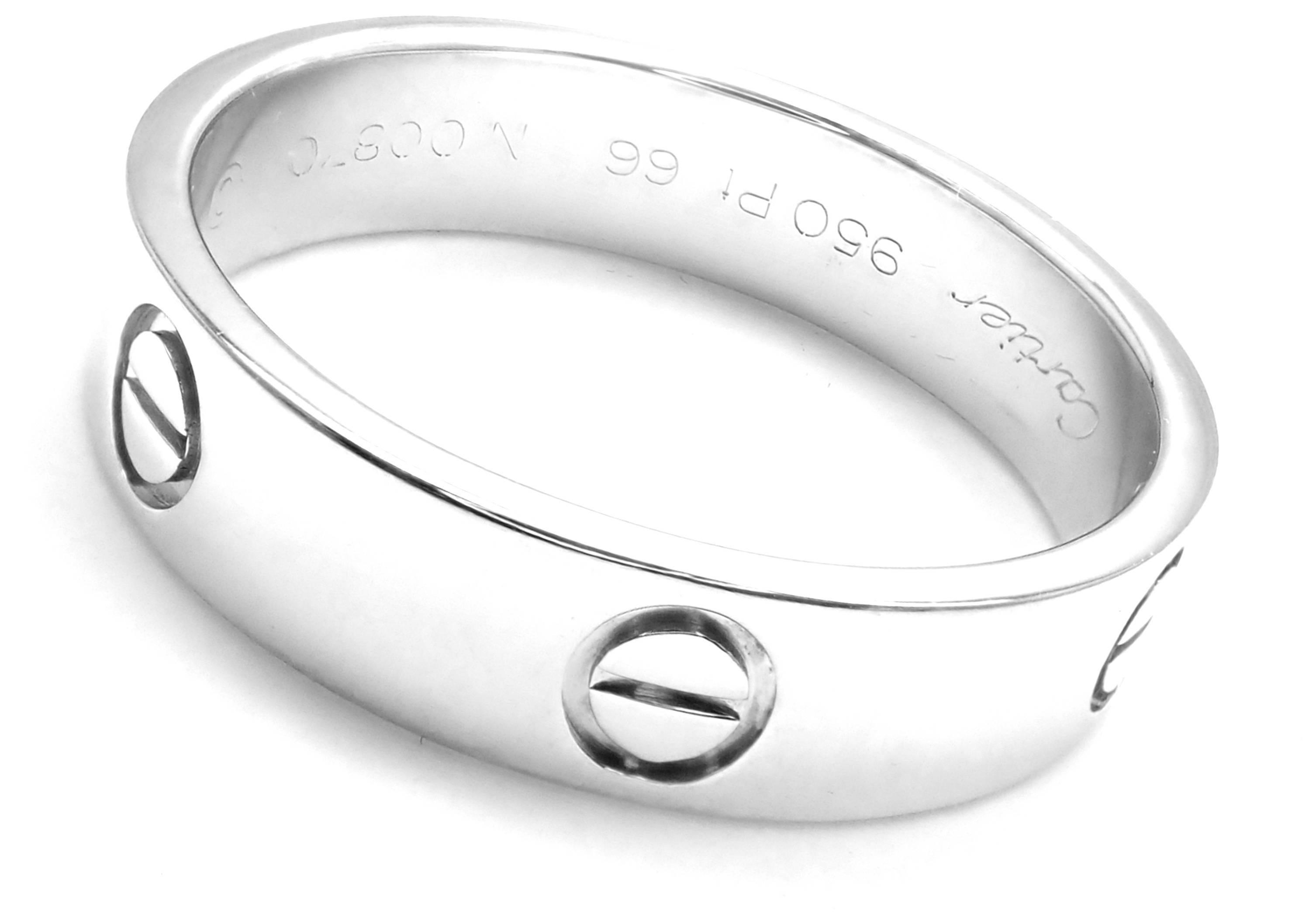 Platinum LOVE Band Ring by Cartier.  
This ring comes with Cartier Box.
Details: 
Band Width: 6mm 
Weight: 11.2 grams
Ring Size: European 66 US 11.5
Stamped Hallmarks: Cartier 950pt 66 N00870 2001 French Hallmarks

*Free Shipping within the United