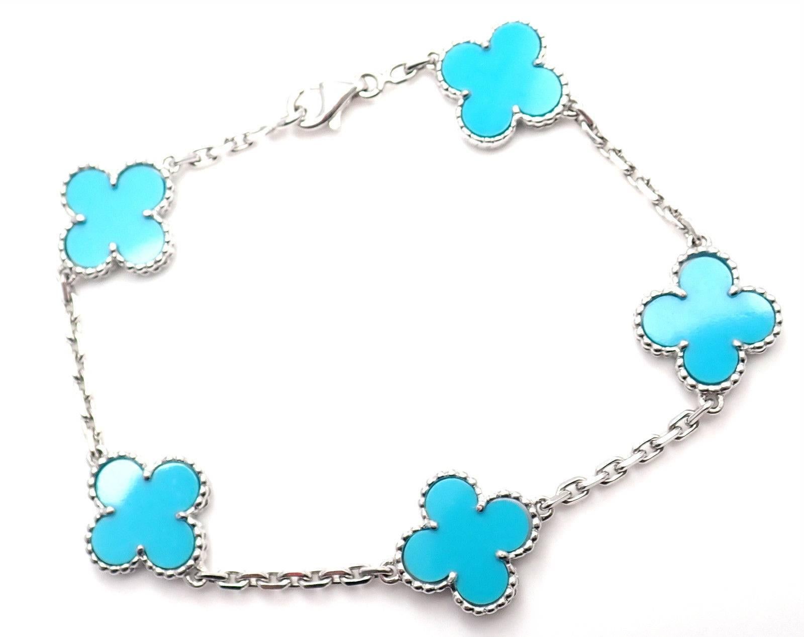 18k White Gold Vintage Turquoise Alhambra Bracelet from Van Cleef & Arpels.  
With 5 alhambra shape turquoise stones. 
Details:  
Length: 7 1/4'' 
Weight: 11.4 grams
Stamped Hallmarks: V.C.A. 750 BF5792 French Hallmarks
*Free Shipping within the
