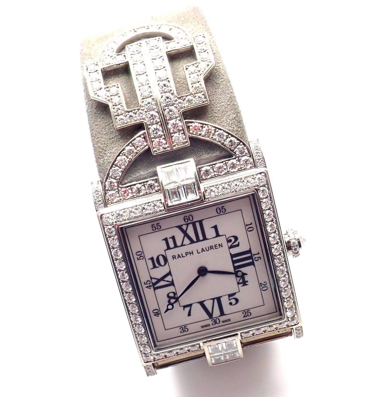 18k White Gold Diamond 867 Small Ladies Wristwatch by Ralph Lauren. 
With 314 round brilliant cut diamonds VVS1 clarity, E color total weight approx. 7.48ct
Brand: Ralph Lauren
Style Number: 867
Series: Small
Case Materials: 18k white gold with