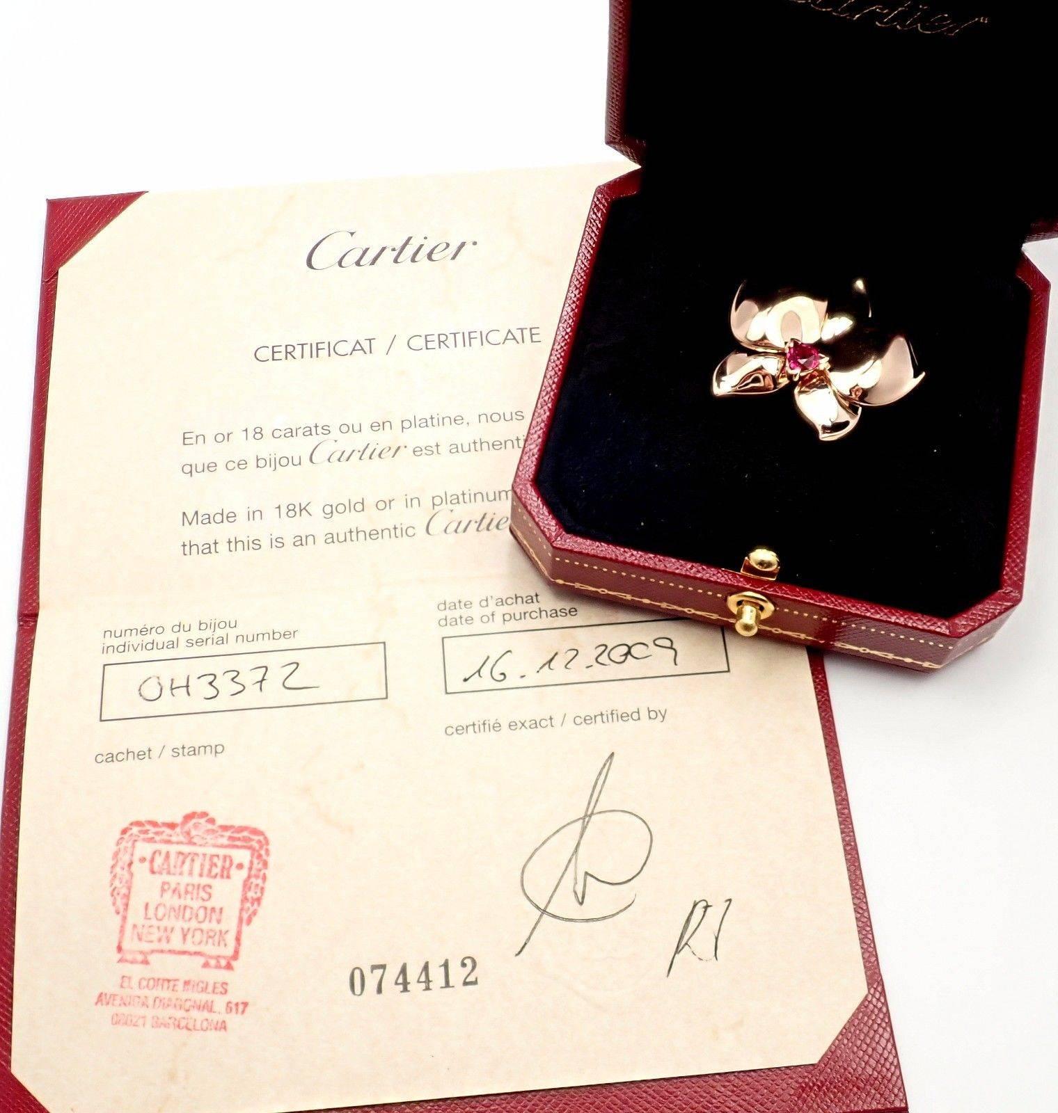 18k Rose Gold Pink Sapphire Caresse D'orchidées Orchid Flower Ring by Cartier.
With Triangle shape pink sapphire 6mm x 5mm
This ring comes with original Cartier box and Cartier certificate.
Details:
Size: 6 3/4 US, Europe 54
Weight: 19.1