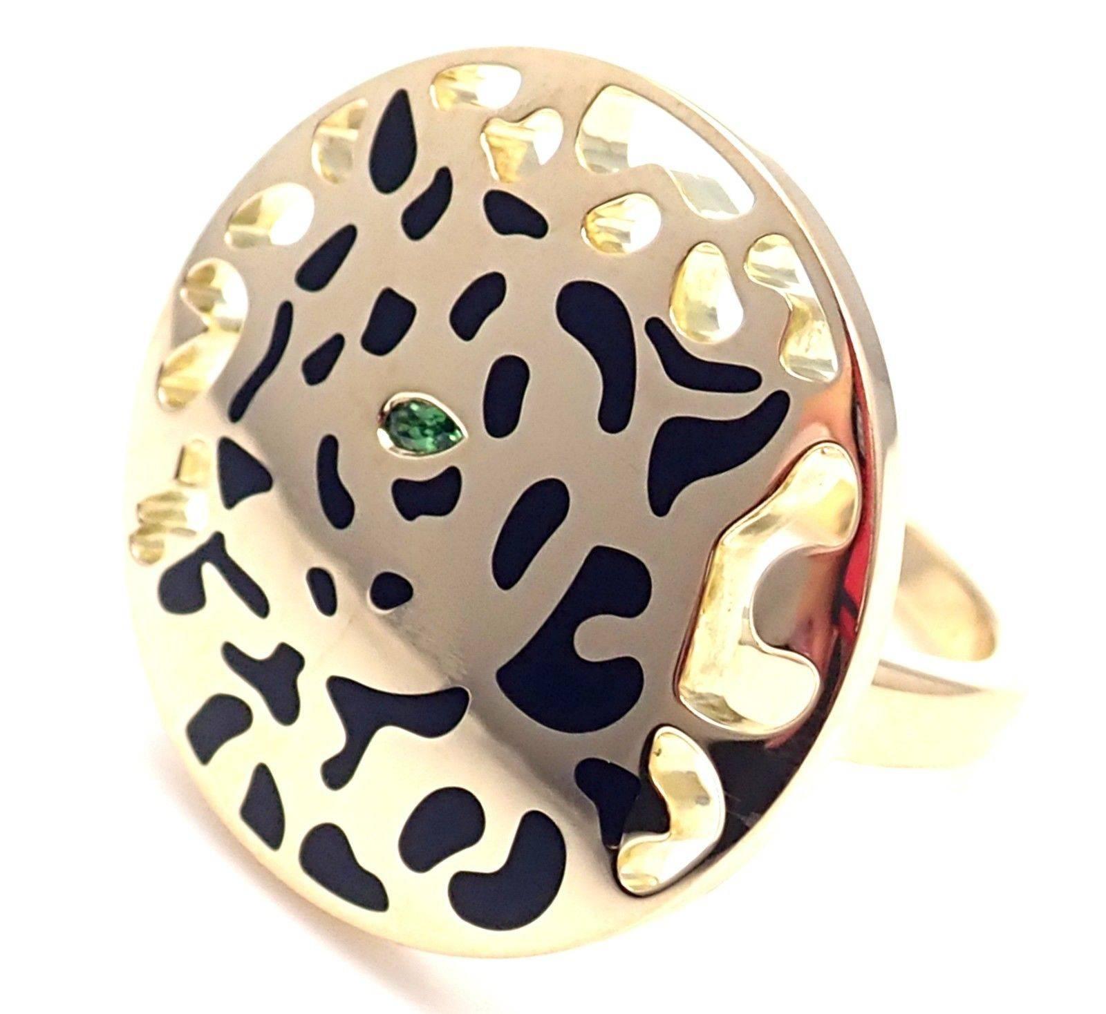 18k Yellow Gold Panther Panthere Lacquer Tsavorite Garnet Ring by Cartier. 
With 1 small Tsavorite garnet.
Details:
Size: European 54, US 6 3/4
Width: 23.5mm
Weight: 16.3 grams
Stamped Hallmarks: Cartier 750 54 QS2165
*Free Shipping within the