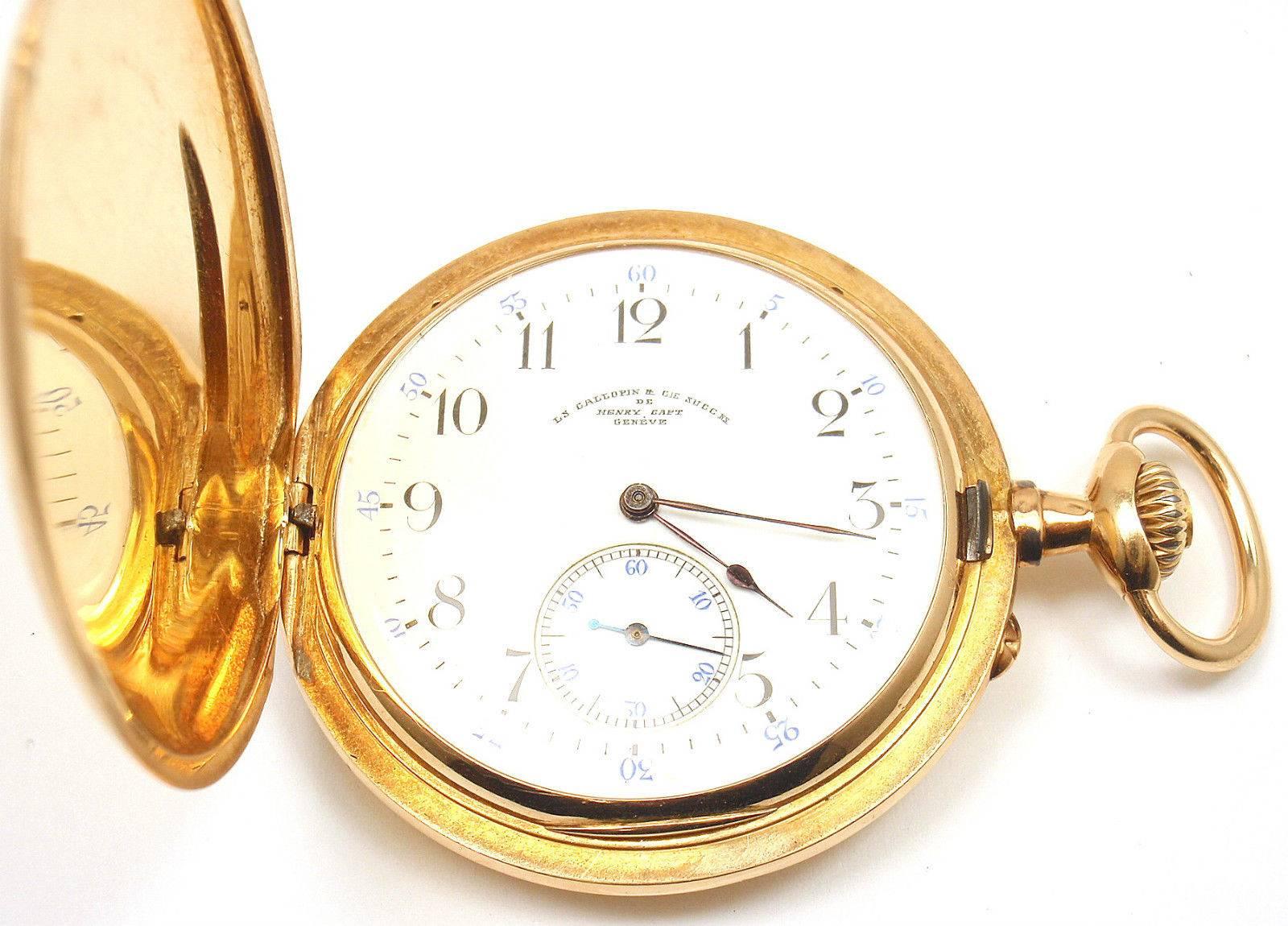 18k Yellow Gold Full Hunter Case Pocket Watch by Henry Capt. 
This watch has a solid 18k yellow gold case.
Works great, fully functional.
Details: 
Case Size: 48mm
Weight: 87.2 grams
Movement: Chronoautomatic
Stamped Hallmarks: Henry Capt, L.