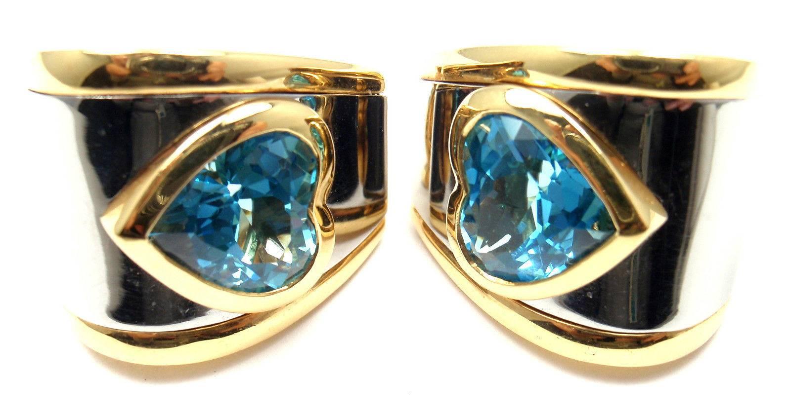 Women's or Men's Marina B Heart Shape Blue Topaz Yellow Gold and Stainless Steel Earrings
