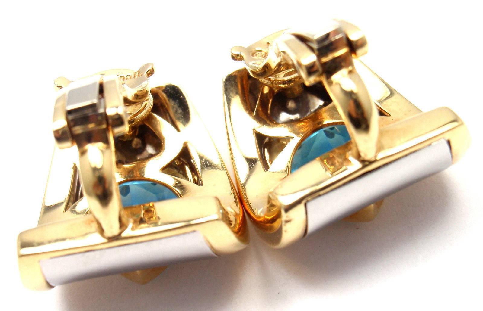 Marina B Heart Shape Blue Topaz Yellow Gold and Stainless Steel Earrings 2