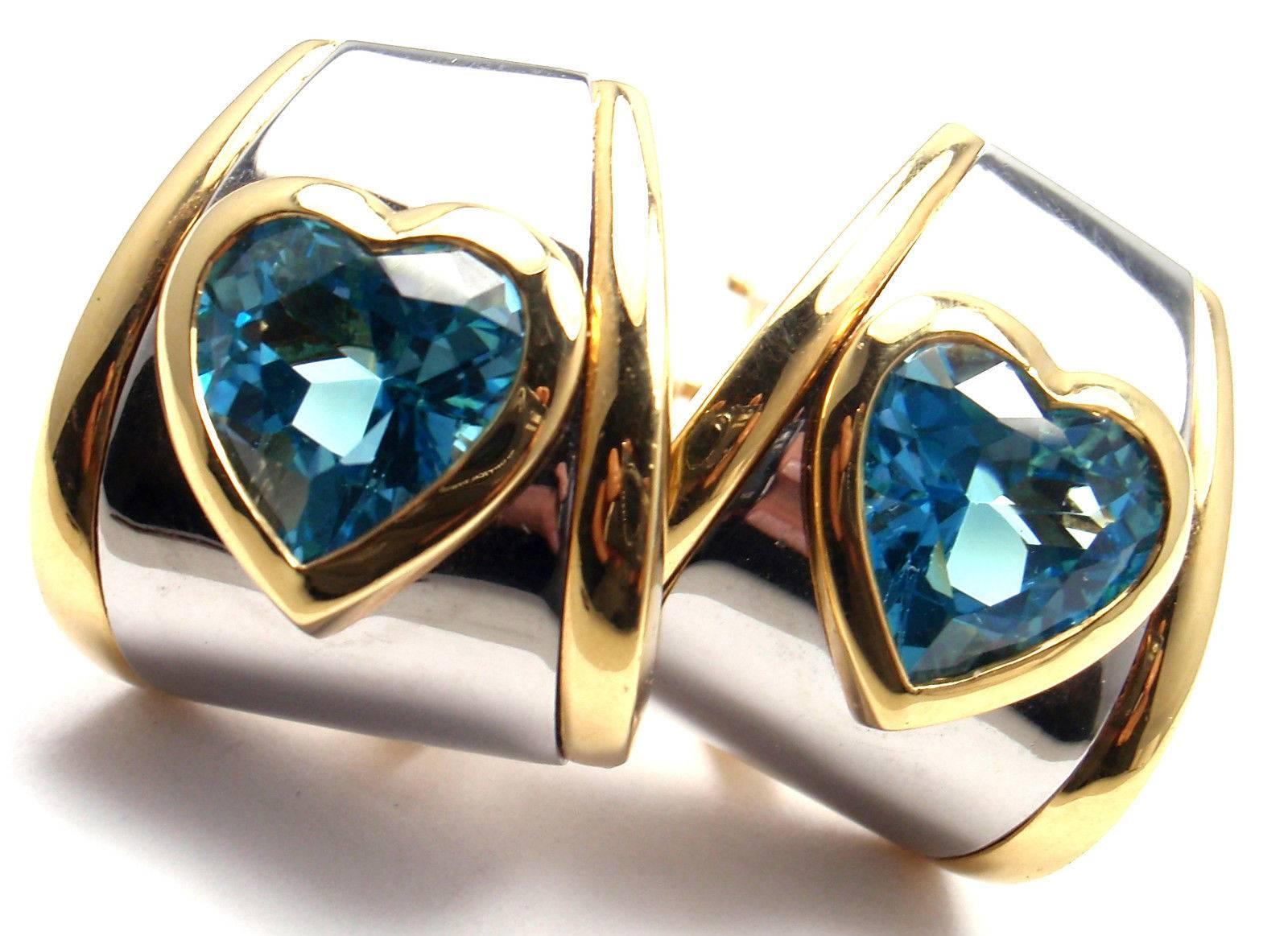 Heart Cut Marina B Heart Shape Blue Topaz Yellow Gold and Stainless Steel Earrings