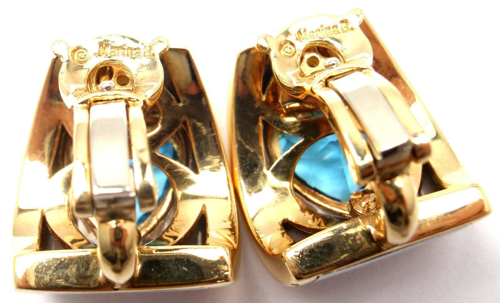 Marina B Heart Shape Blue Topaz Yellow Gold and Stainless Steel Earrings 1