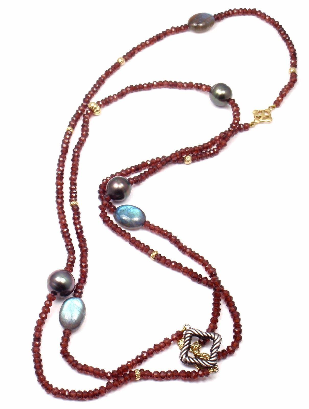 David Yurman Garnet Rondelle Pearl Diamond Yellow Gold and Silver Necklace In Excellent Condition In Southampton, PA