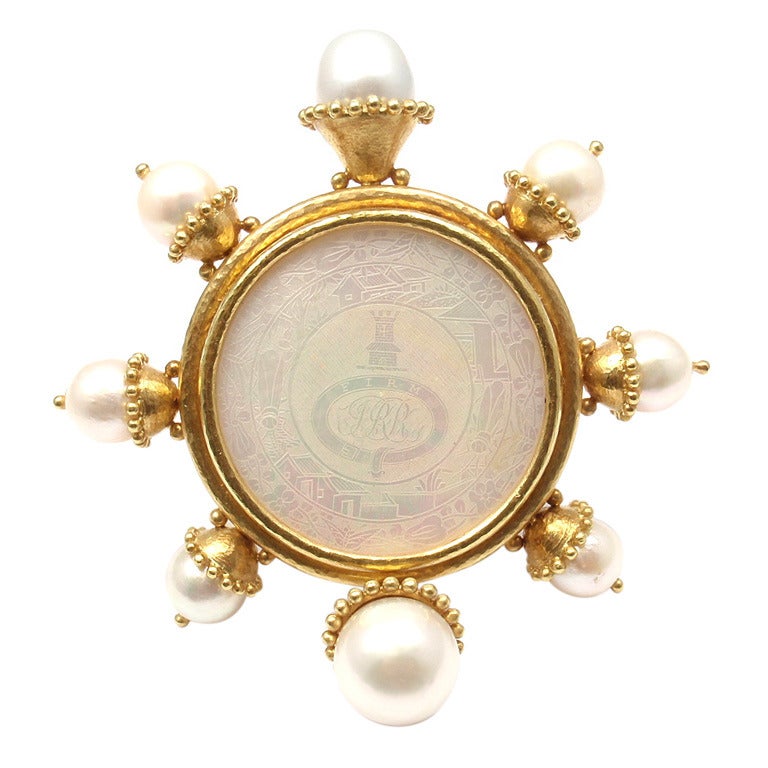 ELIZABETH LOCKE Mother Of Pearl & Cultured Pearl Hammered Yellow Gold Brooch Pin