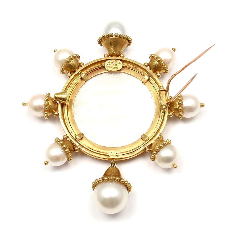 ELIZABETH LOCKE Mother Of Pearl & Cultured Pearl Hammered Yellow Gold Brooch Pin 1