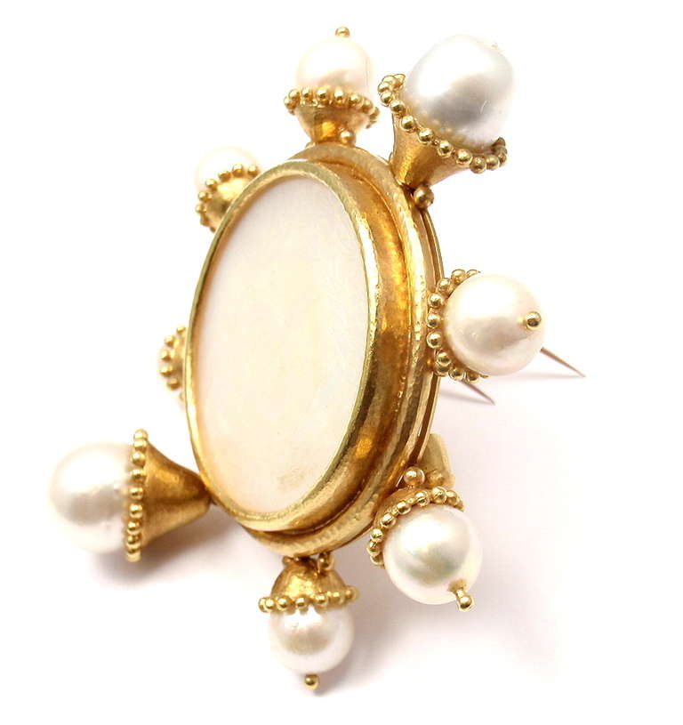 ELIZABETH LOCKE Mother Of Pearl & Cultured Pearl Hammered Yellow Gold Brooch Pin 3