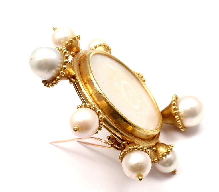 ELIZABETH LOCKE Mother Of Pearl & Cultured Pearl Hammered Yellow Gold Brooch Pin 4