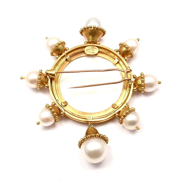 ELIZABETH LOCKE Mother Of Pearl & Cultured Pearl Hammered Yellow Gold Brooch Pin 2