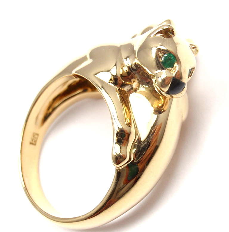 Cartier Double Panther Schwarzer Onyx Smaragd Gold Ring im Zustand „Neu“ in Southampton, PA