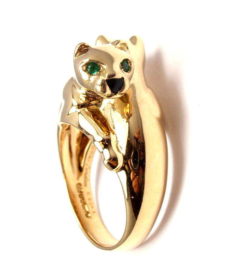 Cartier Double Panther Black Onyx Emerald Gold Ring 1