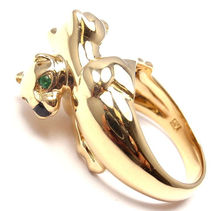 Cartier Double Panther Schwarzer Onyx Smaragd Gold Ring Damen