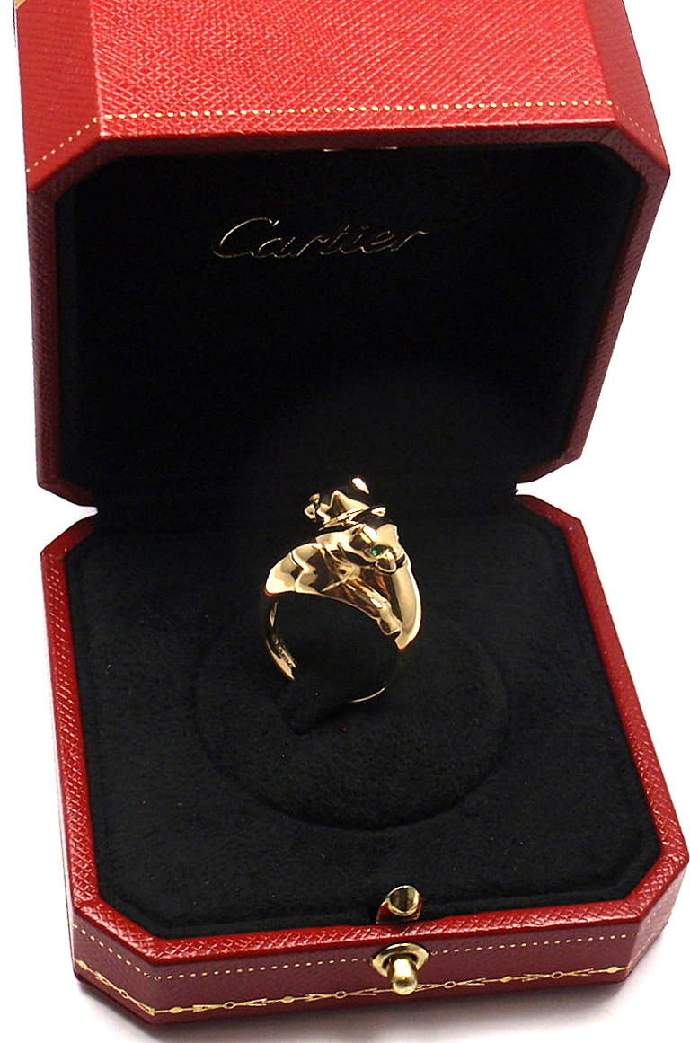 Cartier Double Panther Black Onyx Emerald Gold Ring In New Condition In Holland, PA