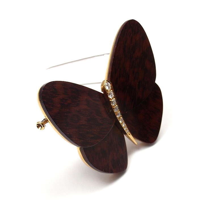 Women's Van Cleef & Arpels Diamond Wood Butterfly Yellow Gold Pin Brooch