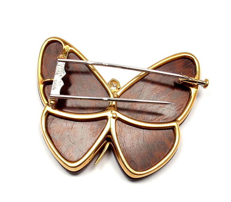 Van Cleef & Arpels Diamond Wood Butterfly Yellow Gold Pin Brooch 1