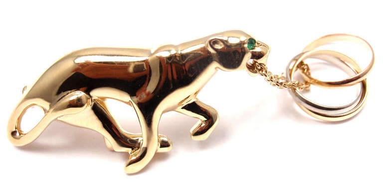 CARTIER Panther Emerald Trinity Yellow Gold Pin Brooch In New Condition In Holland, PA