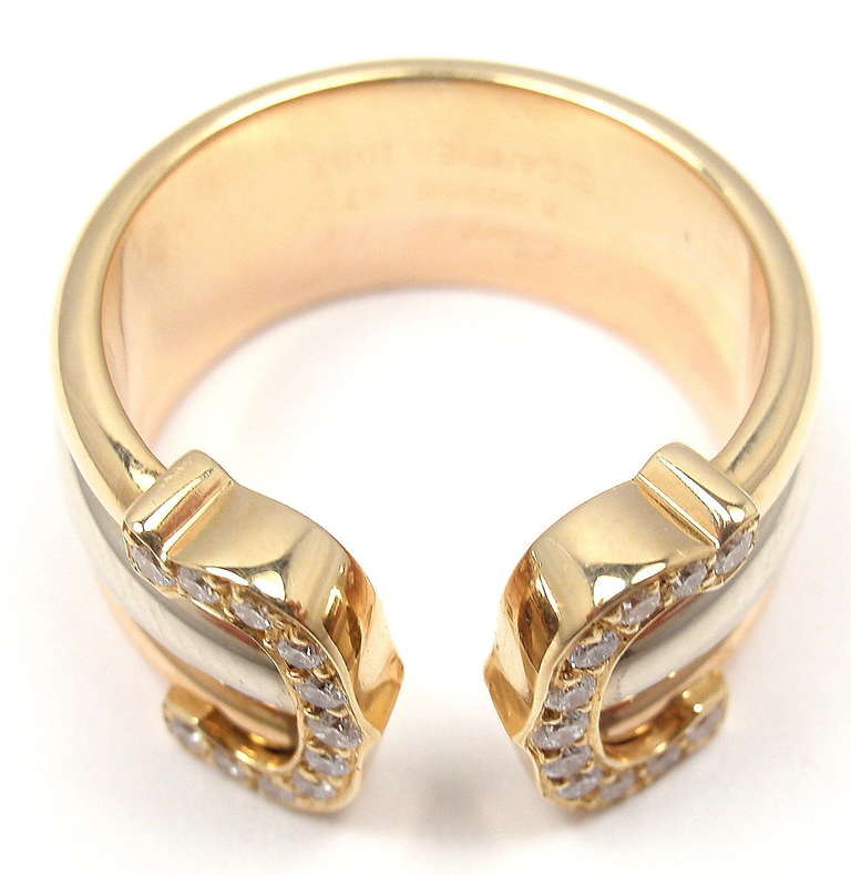 CARTIER Double C Diamond Tri-Color Gold Band Ring In New Condition In Holland, PA