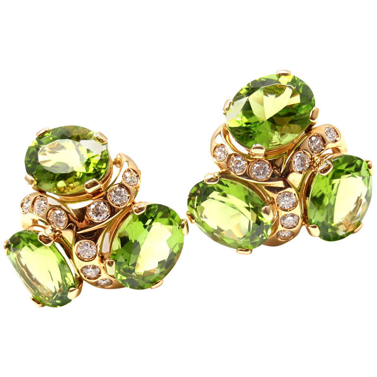 Verdura Three Stone Peridot Diamond Yellow Gold Earrings