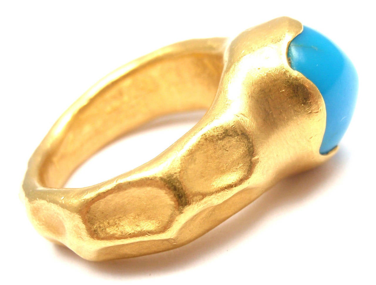 24k Hammered Yellow Gold Turquoise Ring by Yossi Harari. 
With Round 12mm turquoise
Details: 
Ring Size: 6.5
Weight: 10.1 grams
Width: 12mm
Stamped Hallmarks: Yossi 24k
*Free Shipping within the United States*