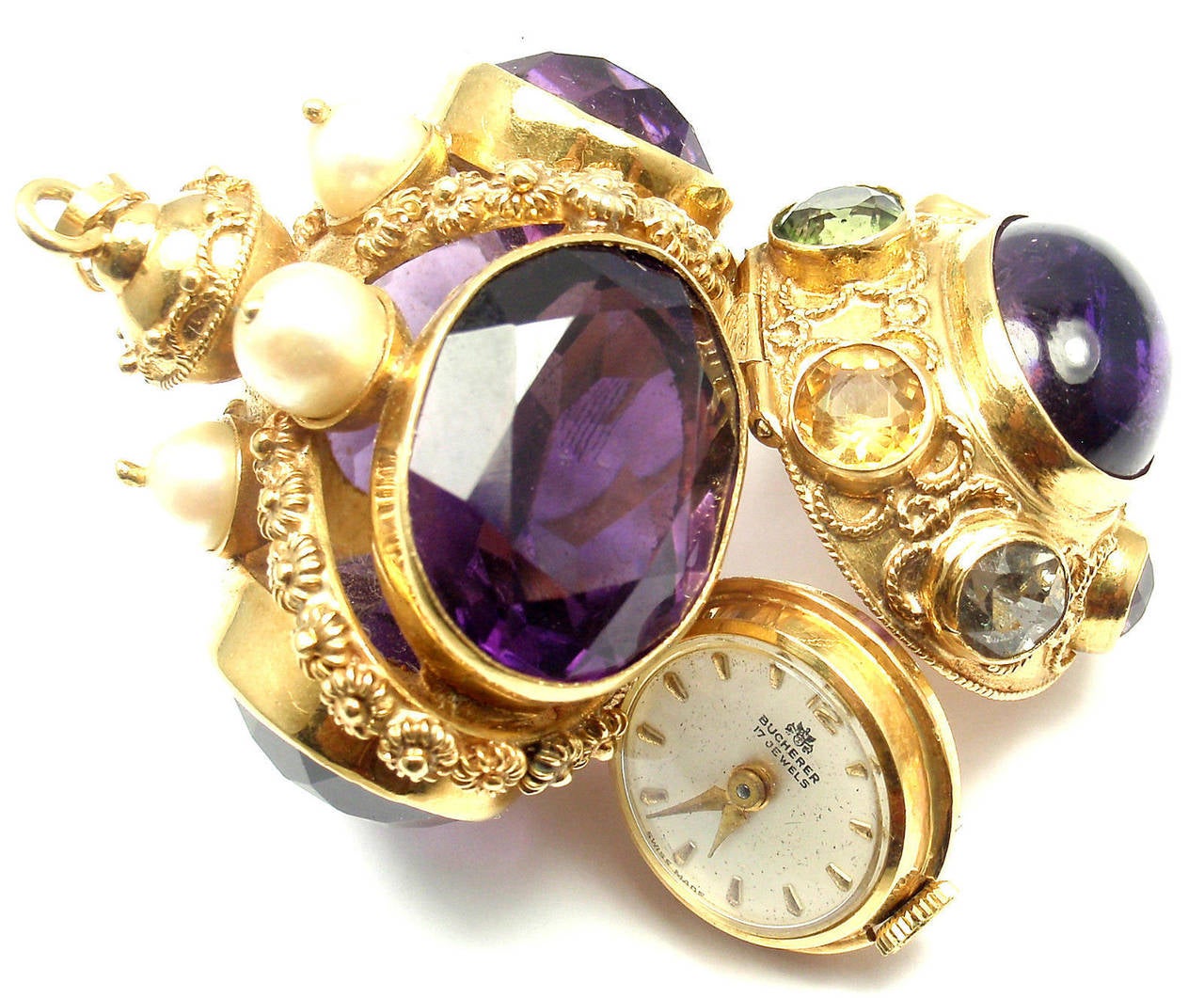 Women's Bucherer Lady's Yellow Gold Amethyst Pearl Pendant Watch