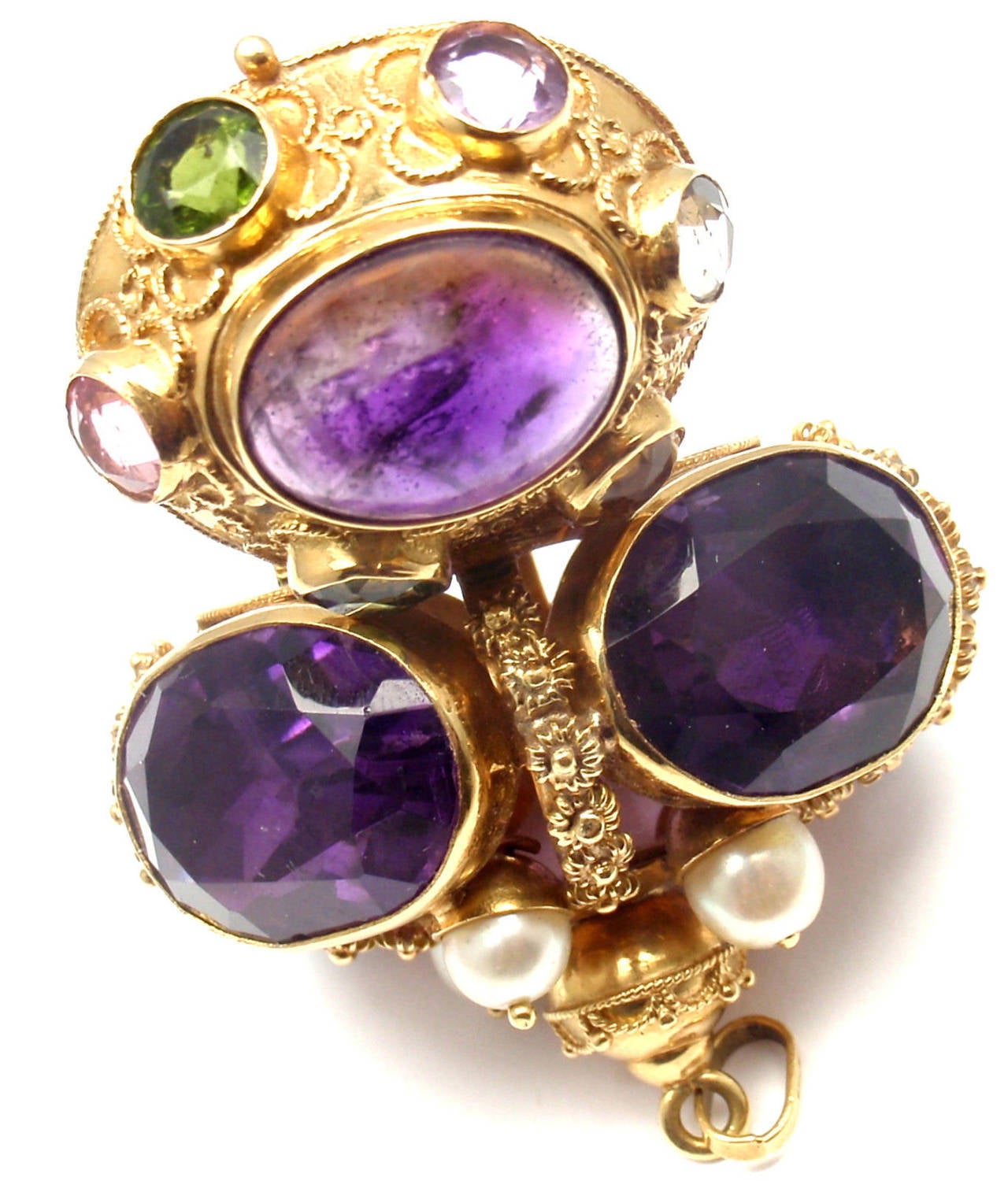 Bucherer Lady's Yellow Gold Amethyst Pearl Pendant Watch 1