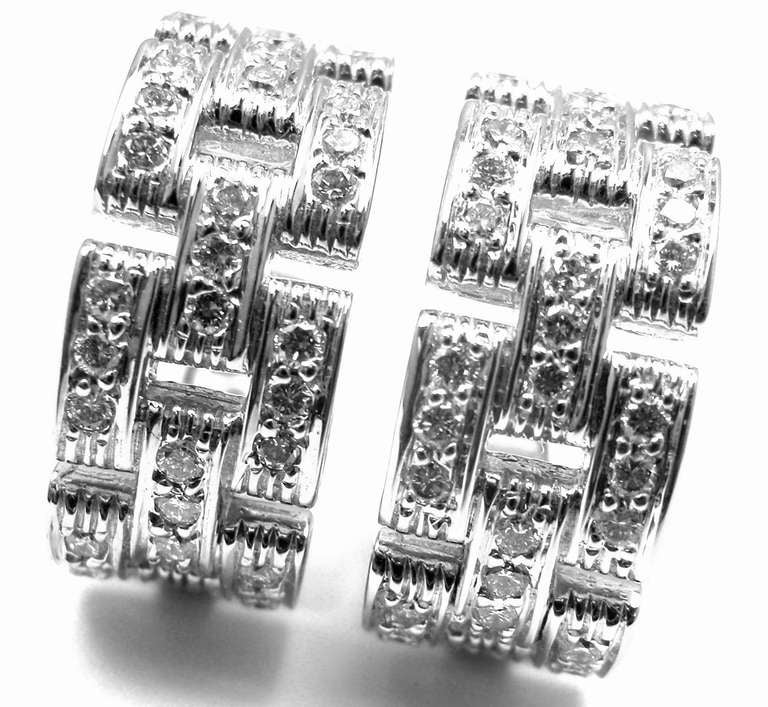 18k White Gold Maillon Panthere Diamond Hoop Earrings by Cartier. 
With 72 round brilliant cut diamonds total weight approx 1.50ct. 
Diamonds VVS1 clarity, E color
These earrings come with original Cartier box and a Cartier