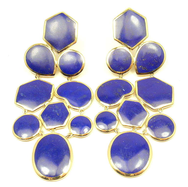 18k Yellow Gold Polished Rock Candy Lapis Drop Yellow Gold Earrings by Ippolita. 
With 18 multi-shaped smooth lapis lazuli stones. 

Details: 
Length: 2.65' drop
Width: 1.15' at widest point
Weight: 18.9 grams
Stamped Hallmarks: Ippolita