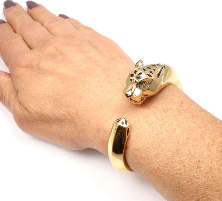 CARTIER Panther Tsavorite Onyx Lacquer Yellow Gold Bangle Bracelet 3
