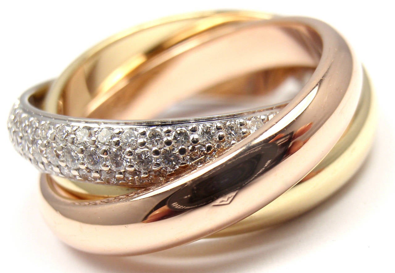 Women's Cartier Trinity Pave Diamond Tri-Color Gold Band Ring