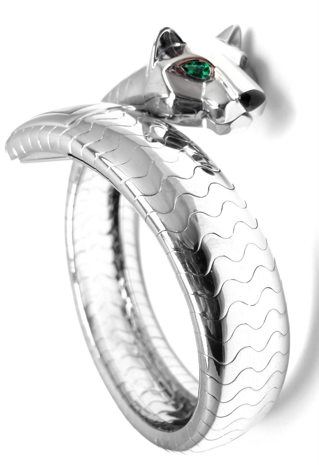 Women's Cartier White Gold Diamond Emerald Panther Bangle Watch