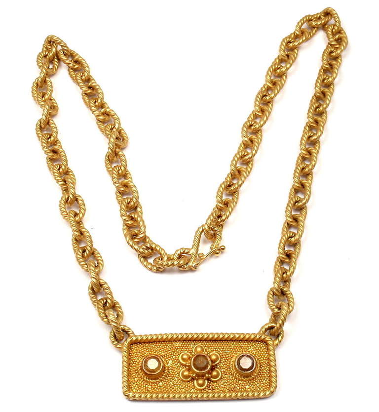 22k Rustic Diamond Link Necklace by Reinstein Ross. With 3 round yellow rustic diamonds, total weight: 1.30CT. 

Details: 
Necklace: 16