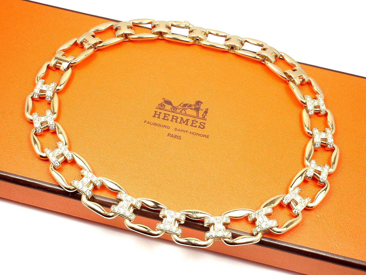 Women's HERMES Diamond H Yellow Gold Link Necklace
